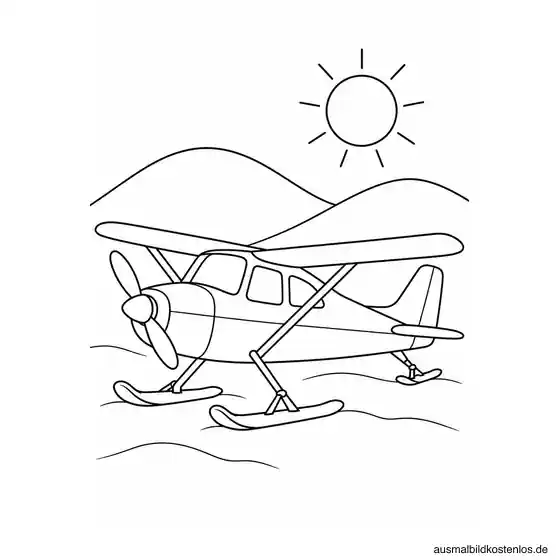 Kleines Propellerflugzeug auf Skikufen vor zwei abgerundeten Schneehügeln und einer Sonne.