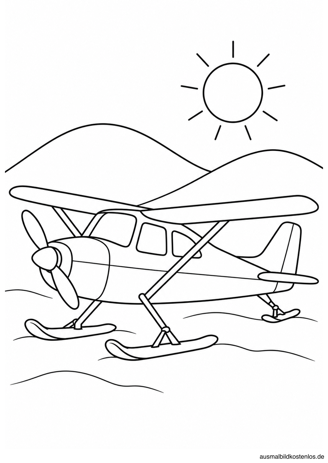 Kleines Propellerflugzeug auf Skikufen vor zwei abgerundeten Schneehügeln und einer Sonne.