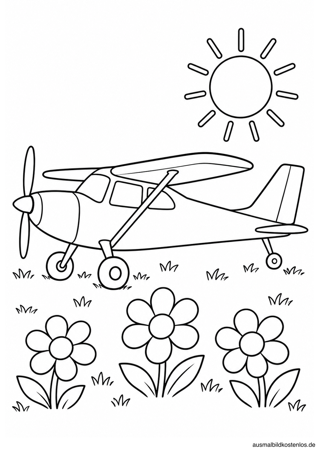 Einfaches Propellerflugzeug auf einer Wiese mit drei großen Blumen und einer Sonne.