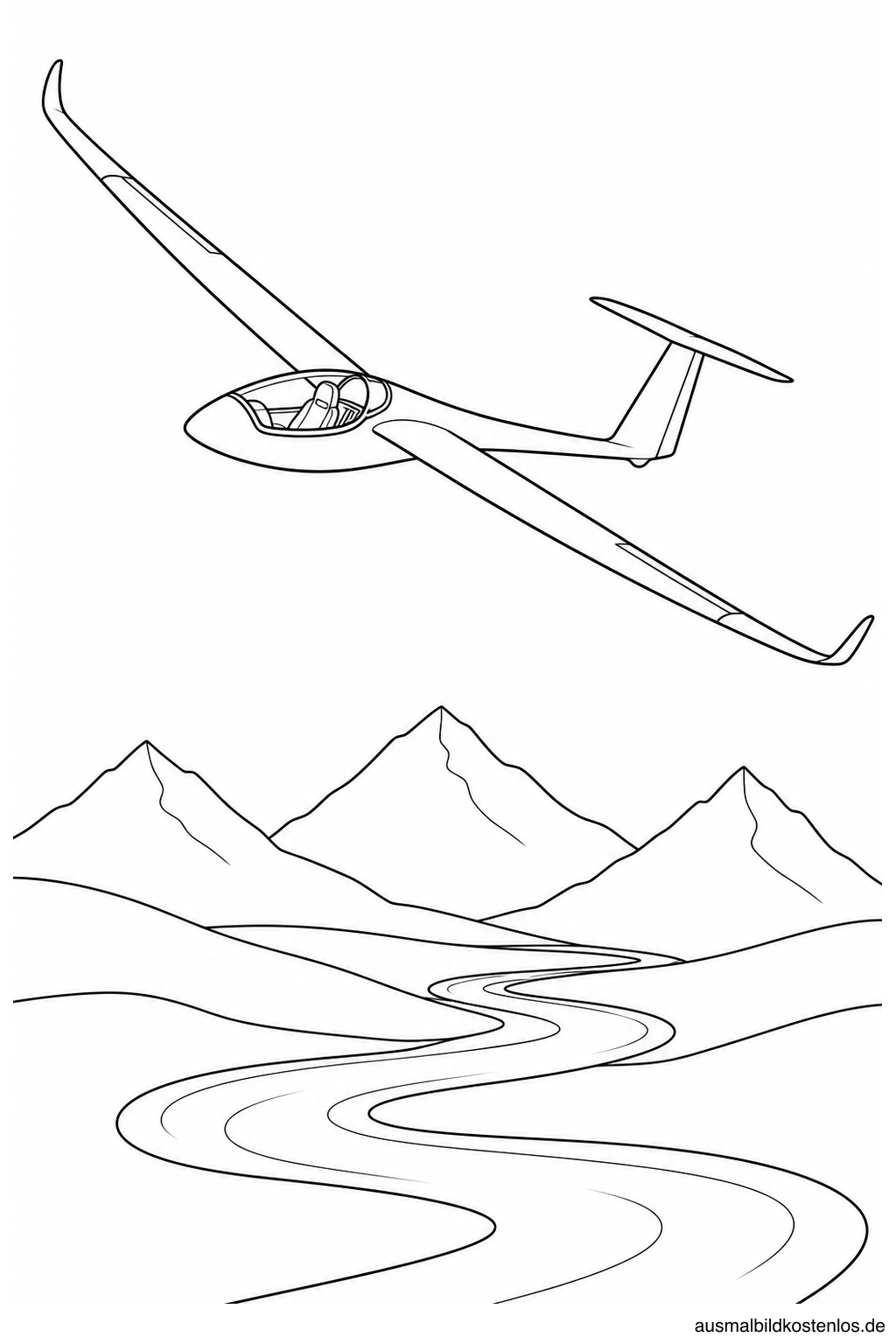 Segelflugzeug mit langen Tragflächen über drei Berggipfeln und einem gewundenen Fluss.