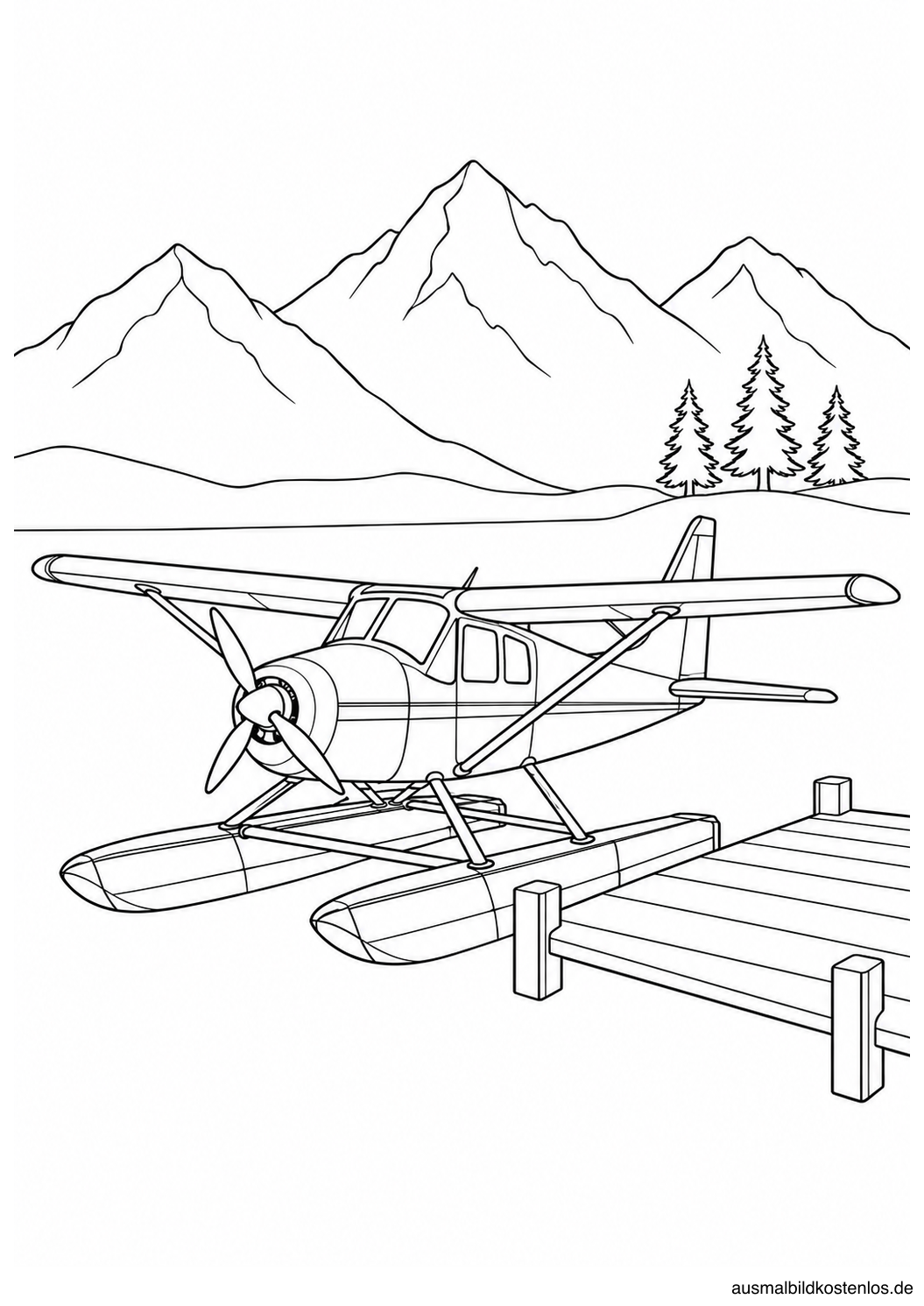 Wasserflugzeug mit zwei Schwimmern am Holzsteg vor Bergen und drei Tannen.