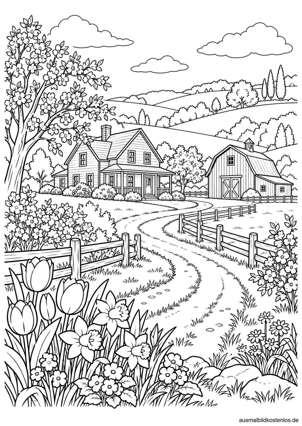 Ein Bauernhaus und eine Scheune stehen an einem geschwungenen Weg. Blühende Bäume, Hügel und ein Zaun ergänzen die Landschaft.