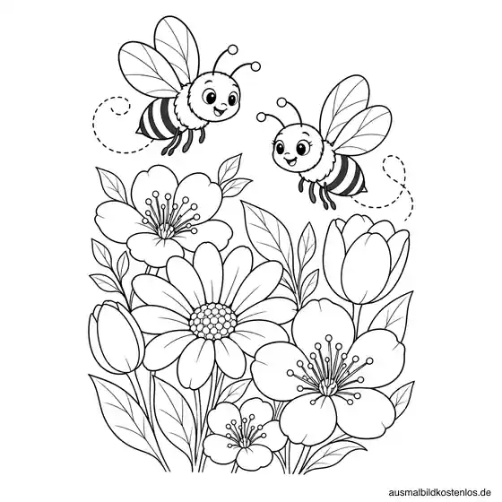 Bienen zwischen Frühlingsblüten Ausmalbild