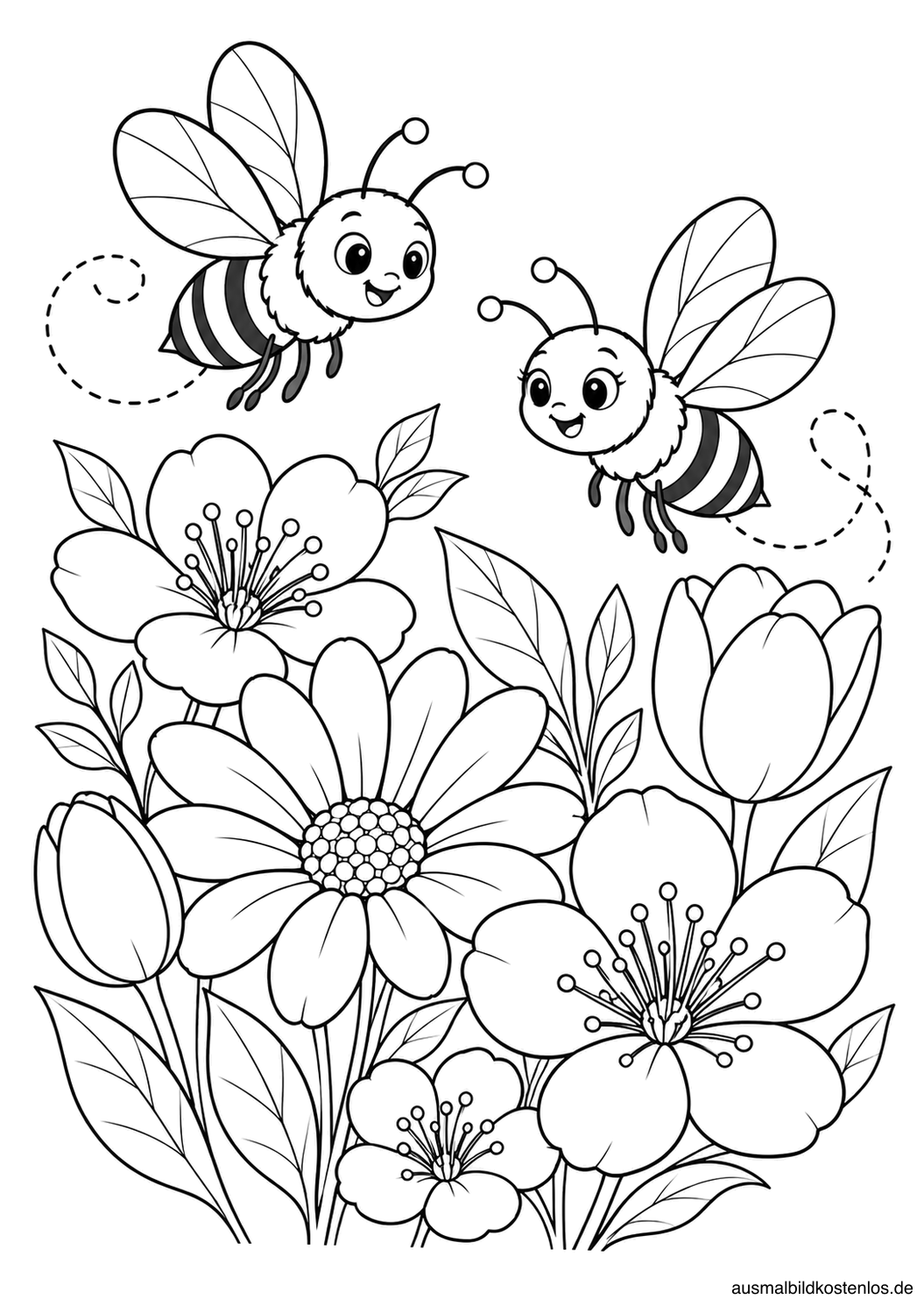 Zwei freundliche Bienen fliegen über großen Blüten. Ihre Flügel und Streifen sind klar umrissen.
