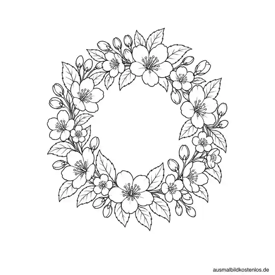 Blumenkranz mit Frühlingsblüten zum Ausmalen