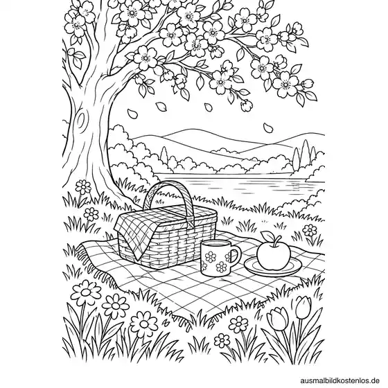 Ein Picknickkorb mit Obst steht auf einer Decke neben einem Becher unter einem blühenden Baum.