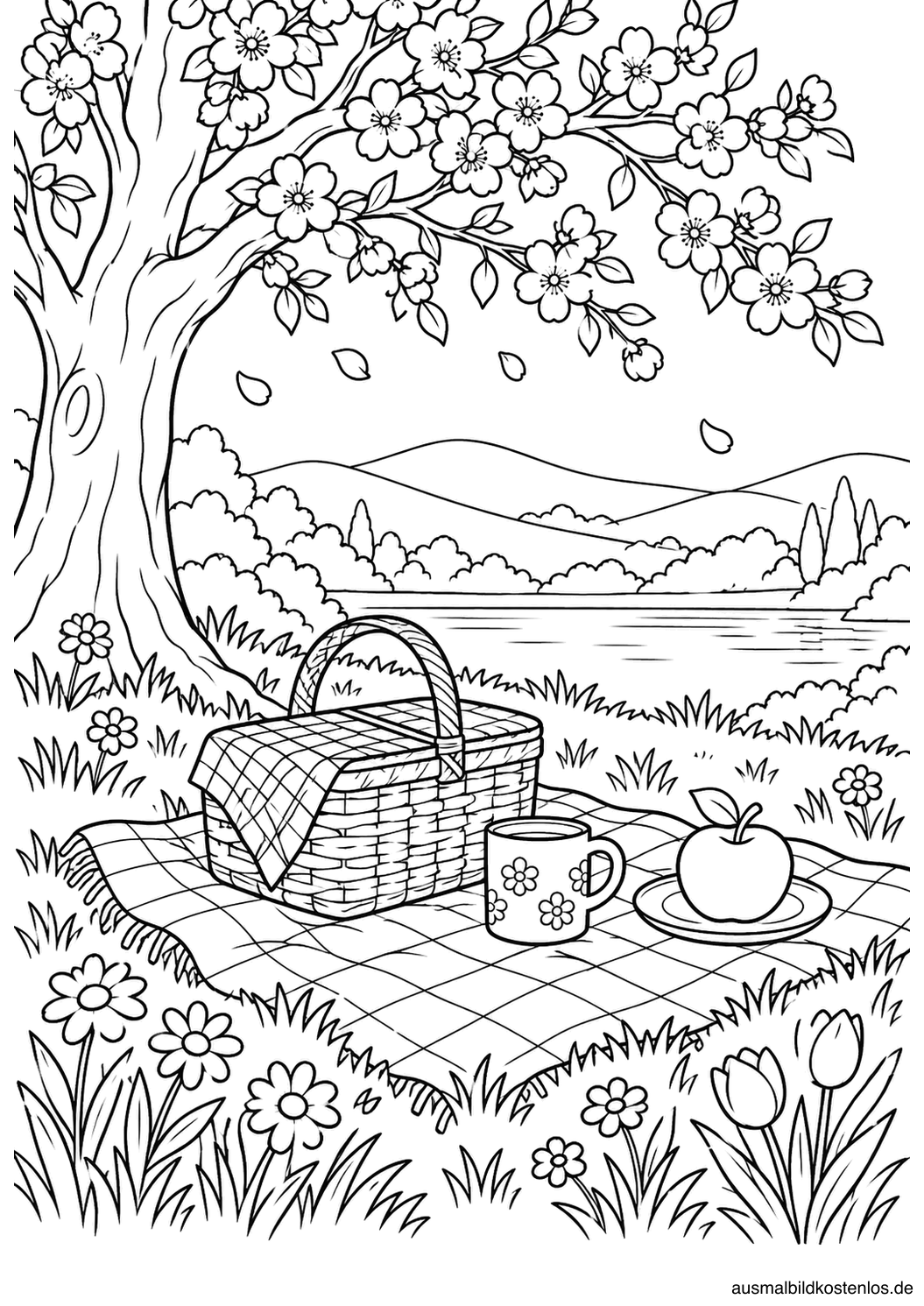 Ein Picknickkorb mit Obst steht auf einer Decke neben einem Becher unter einem blühenden Baum.