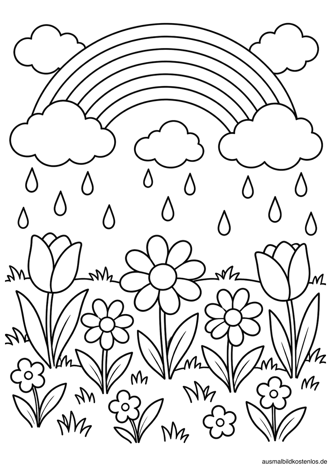 Ein großer Regenbogen verbindet zwei Wolken. Darunter fallen Regentropfen über mehrere Blumen.