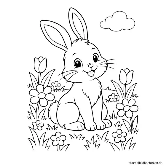 Ein freundlicher Hase sitzt zwischen Blumen und Gras. Darüber schwebt eine einzelne Wolke.
