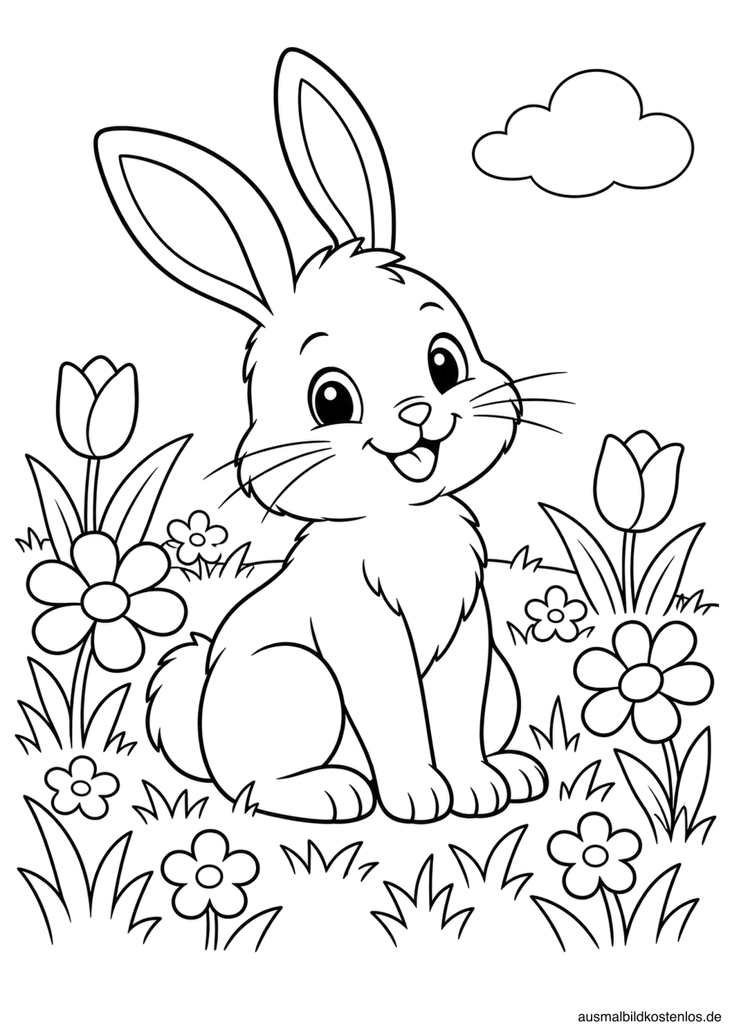 Ein freundlicher Hase sitzt zwischen Blumen und Gras. Darüber schwebt eine einzelne Wolke.