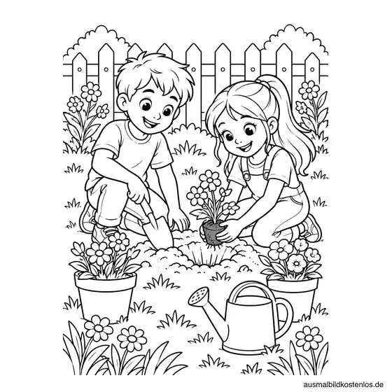 Kinder pflanzen Blumen im Frühlingsgarten
