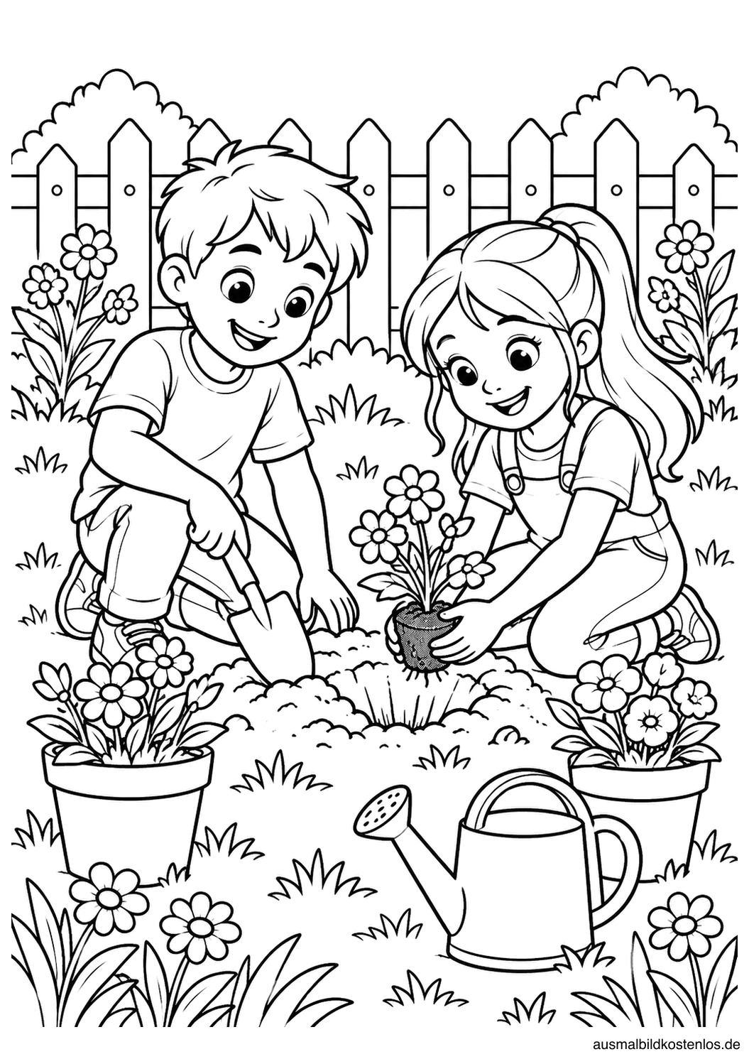 Zwei Kinder pflanzen Blumen in Beete und Töpfe. Eine Gießkanne und ein Gartenzaun sind zu sehen.