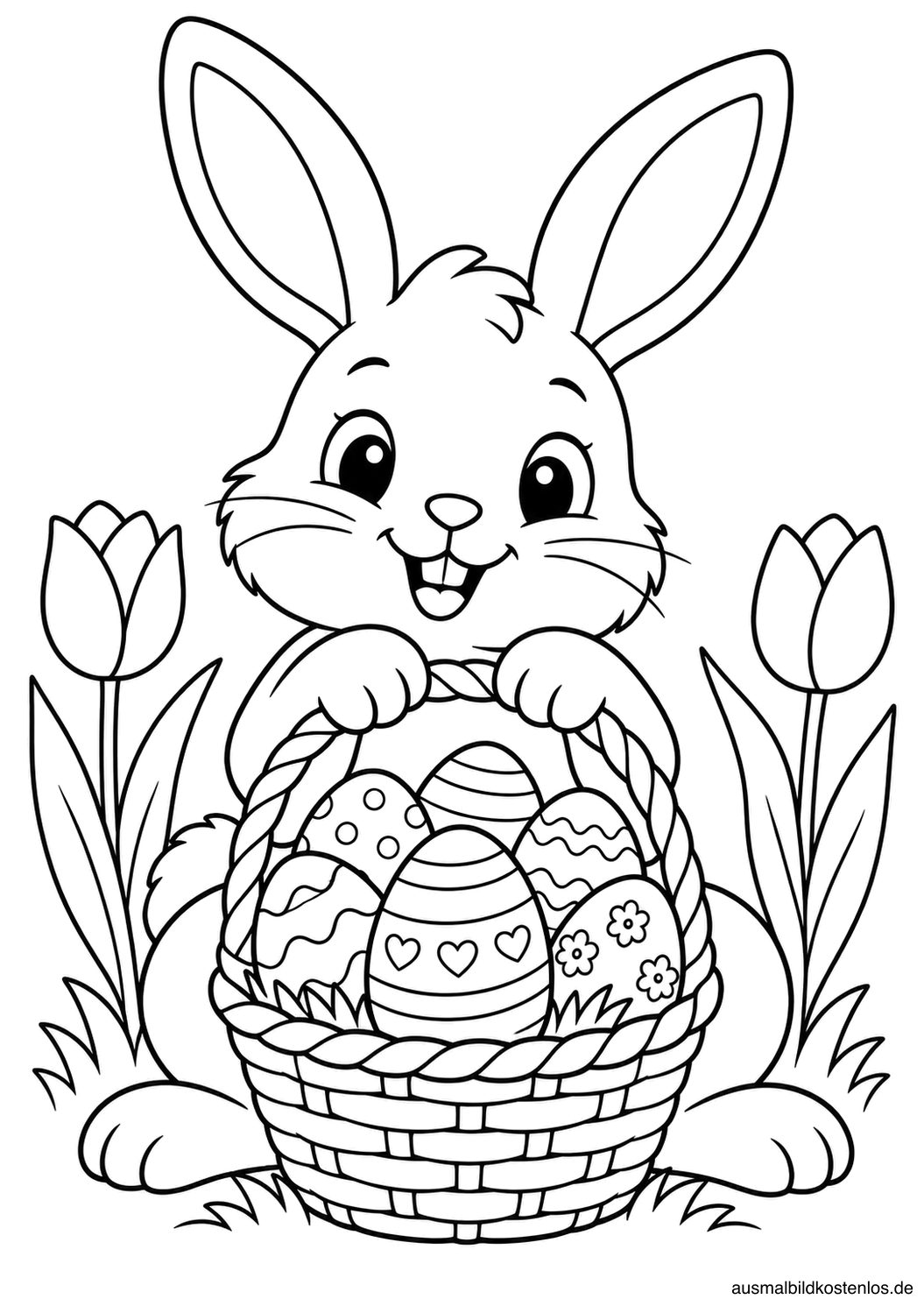 Ein freundlicher Osterhase hält einen Korb mit großen gemusterten Ostereiern. Zwei Blumen stehen neben ihm.