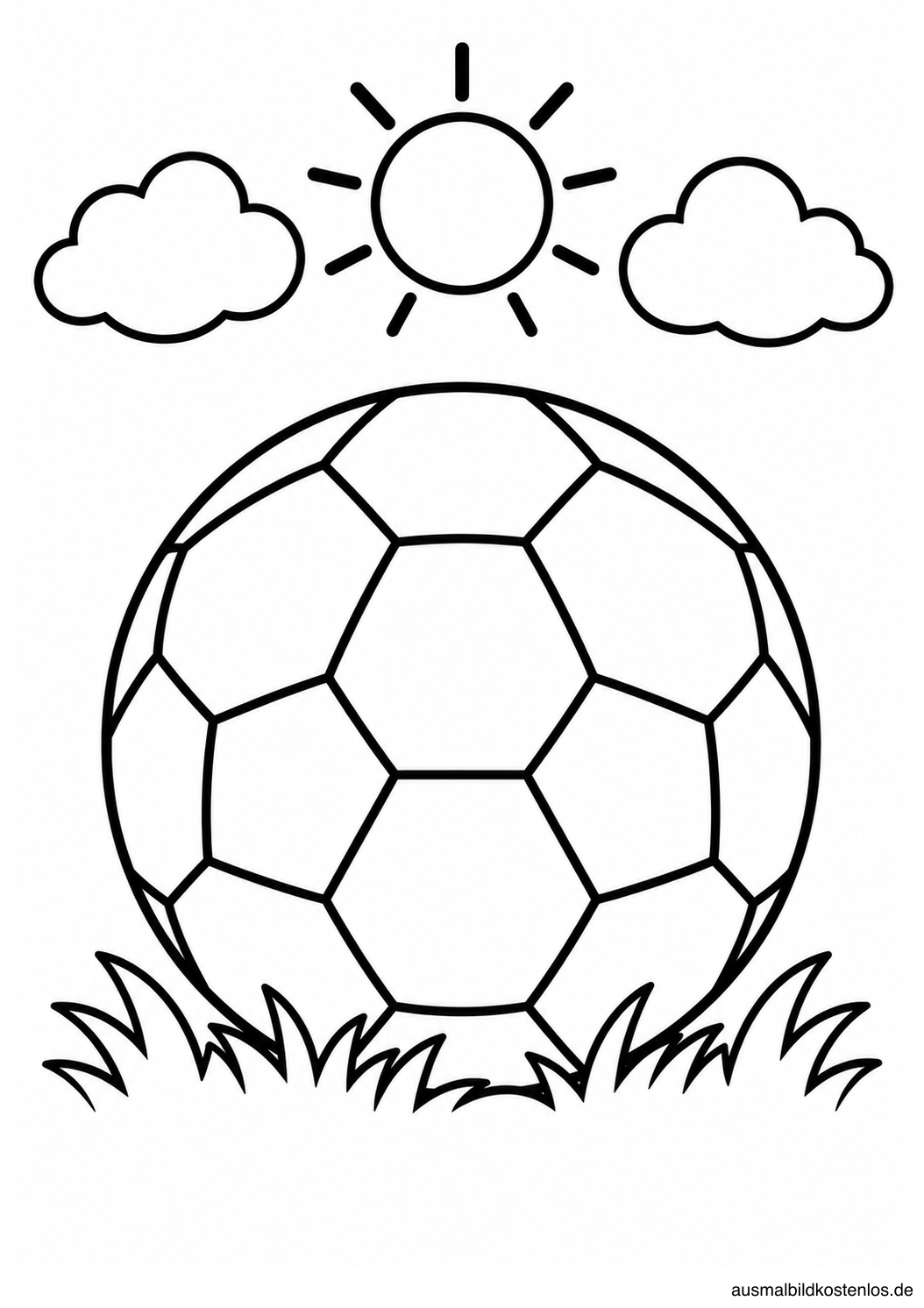 Ein großer Fußball auf Gras unter einer Sonne und zwei Wolken.