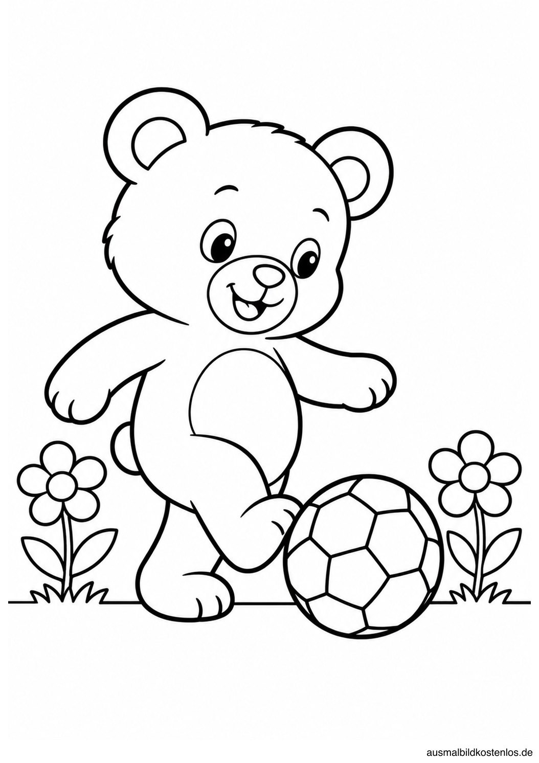 Ein freundlicher Bär stupst mit dem Fuß einen Fußball zwischen zwei einfachen Blumen an.