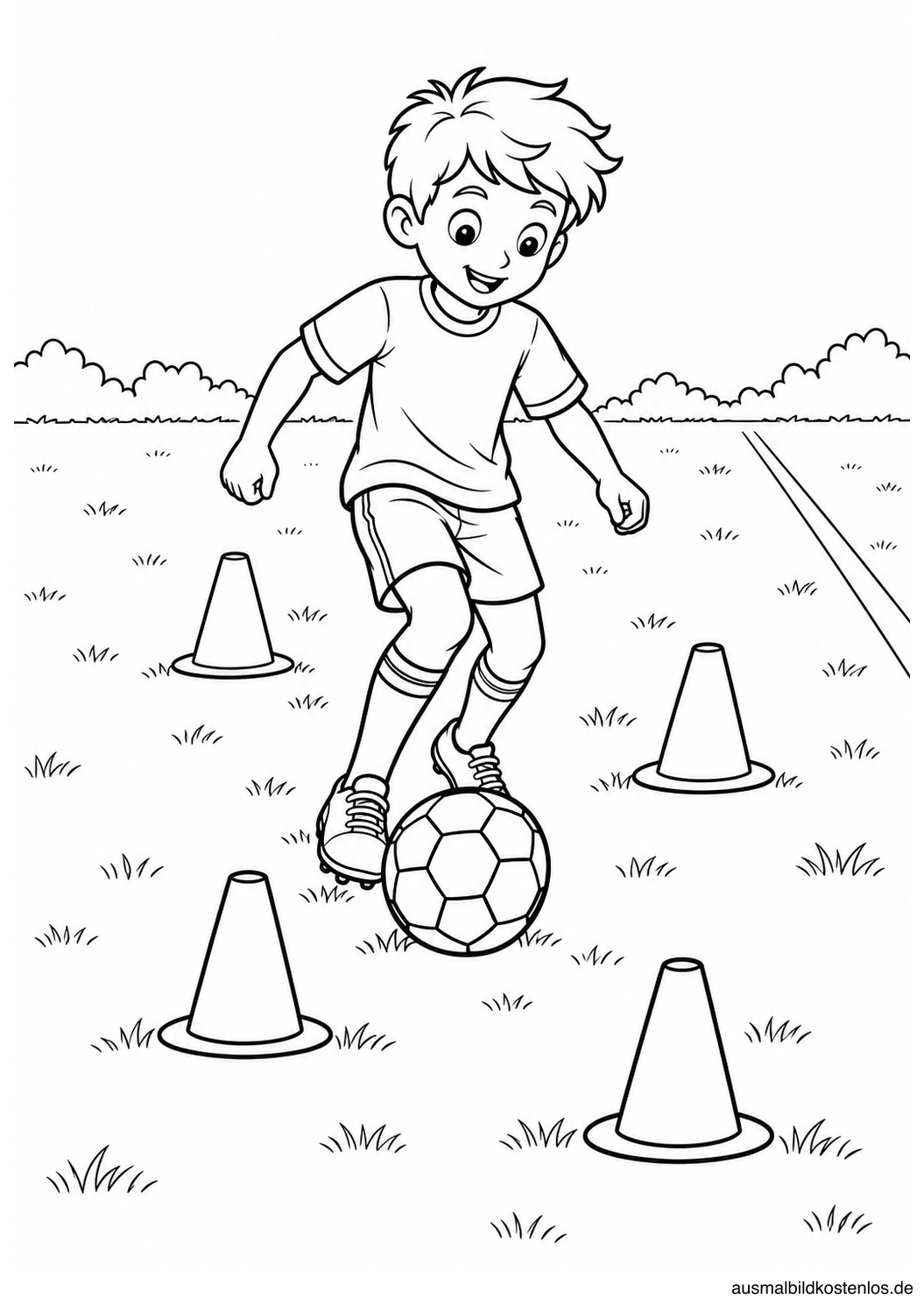 Ein Kind führt einen Fußball zwischen vier versetzt stehenden Trainingshütchen.