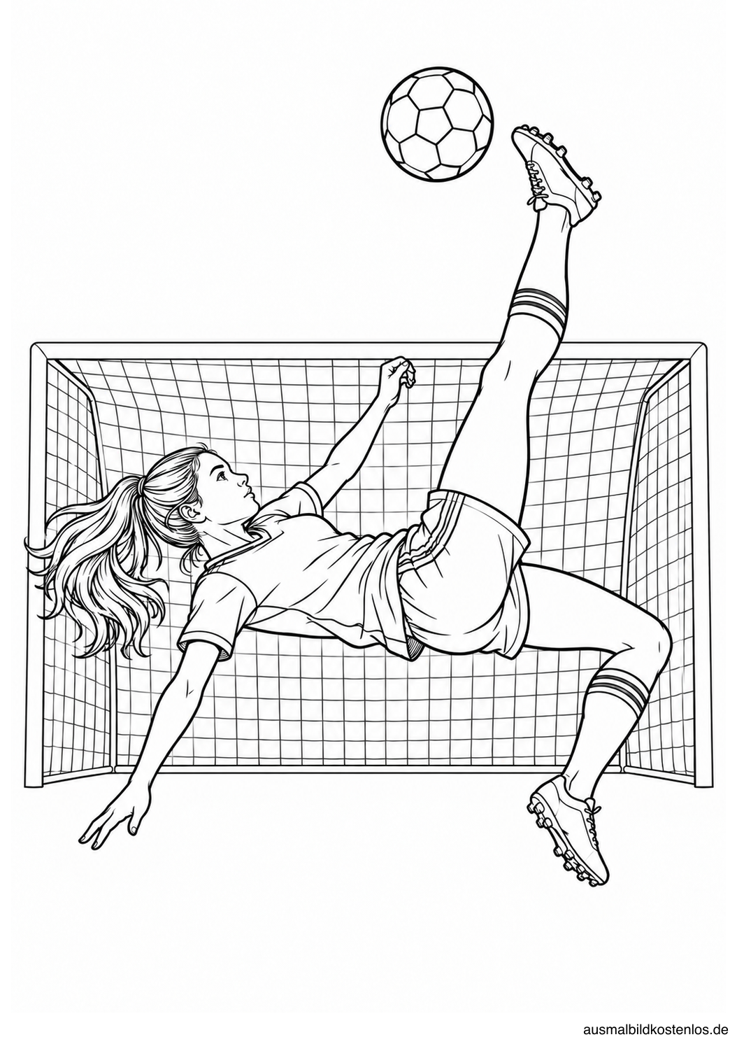 Eine Fußballspielerin führt vor einem Tor einen Fallrückzieher mit einem Bein in Richtung Ball aus.