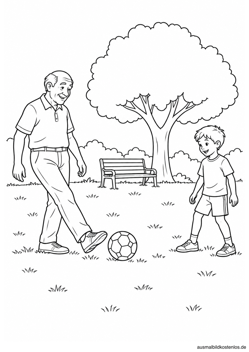 Ein Großvater passt einem Kind mit dem Fuß einen Fußball zu; dahinter stehen Baum und Parkbank.