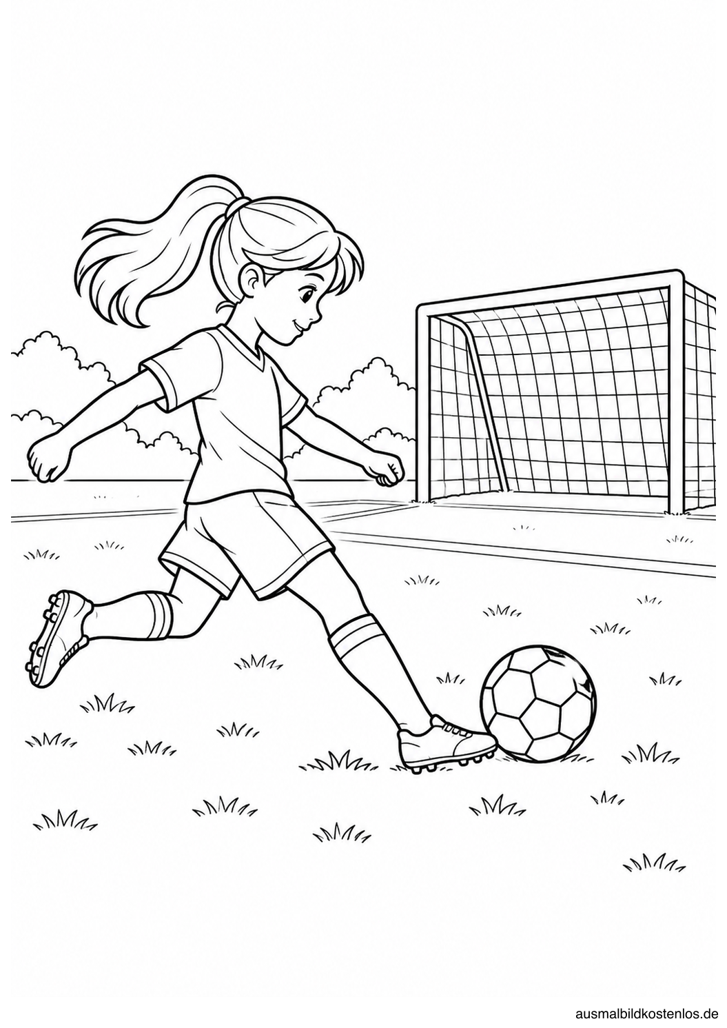 Ein Mädchen in Fußballkleidung schießt einen Ball in Richtung eines leeren Tores.