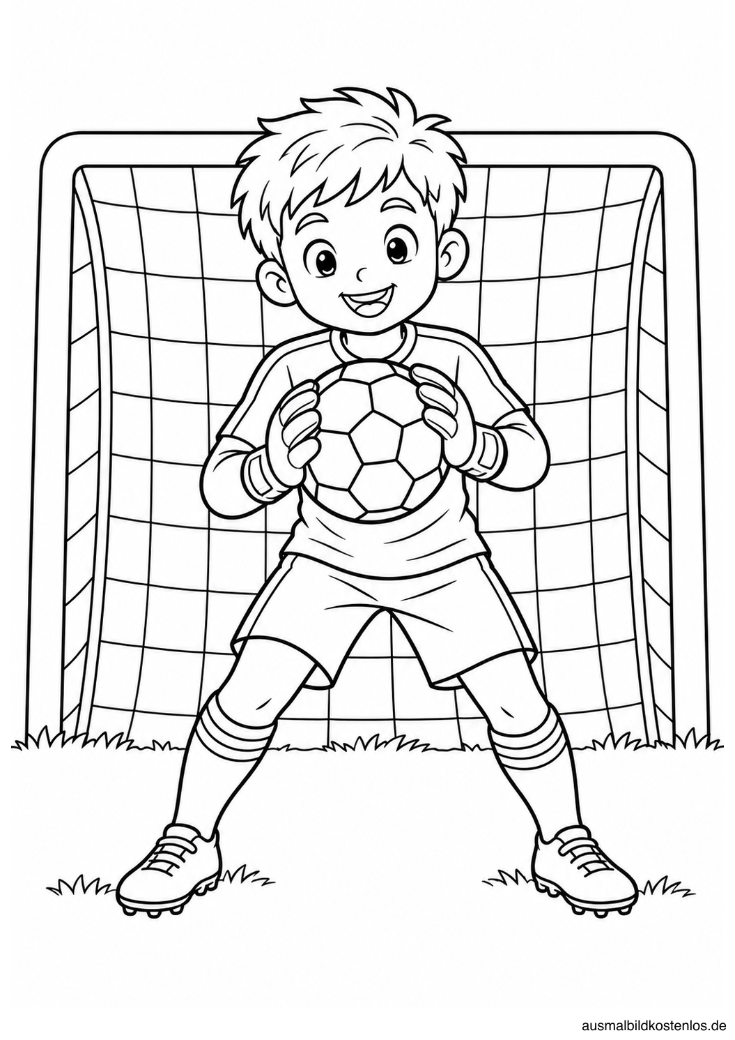 Ein lächelnder Kindertorwart hält einen Fußball mit Handschuhen vor der Brust.