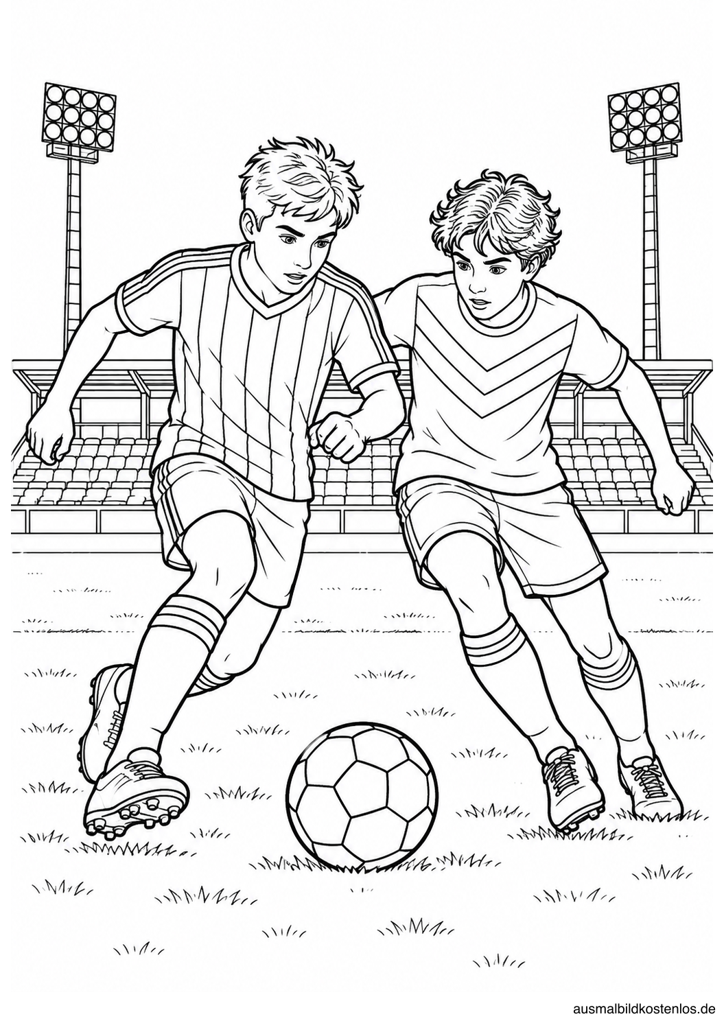 Zwei jugendliche Fußballspieler laufen vor einer Tribüne und zwei Flutlichtmasten zum Ball.