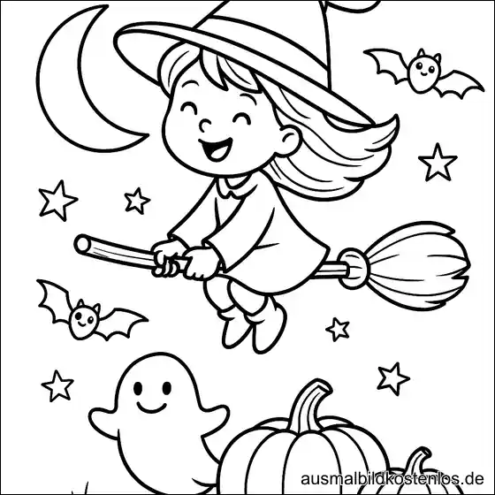 Fliegende Hexe Halloween Ausmalbild