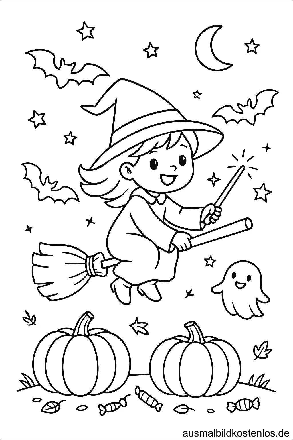Halloween Ausmalbild: Fliegende Hexe mit Besen