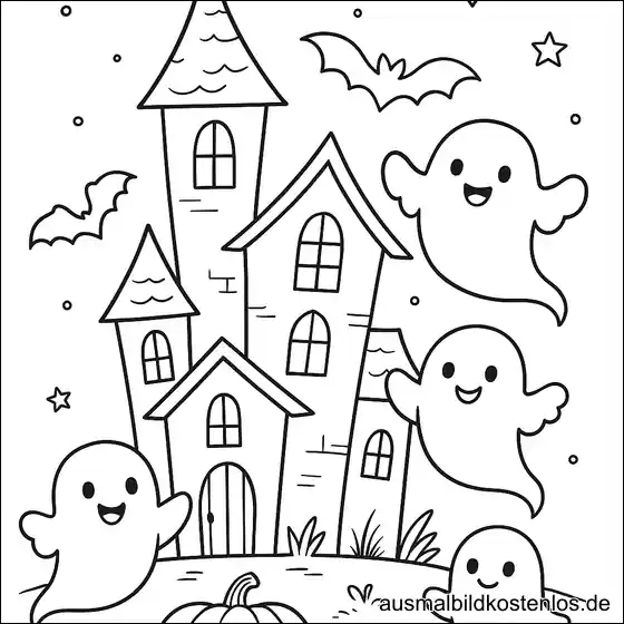 Fröhliche Geister am Spukhaus Halloween Ausmalbild