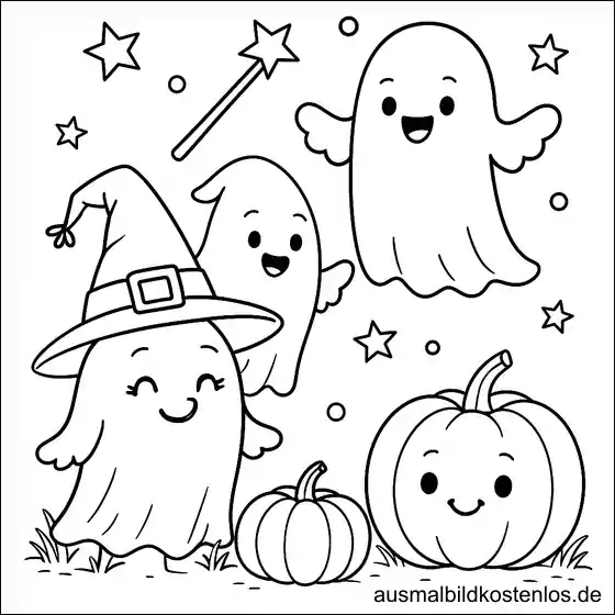 Geister mit Hexenhut und Kürbis – Malvorlage für Halloween
