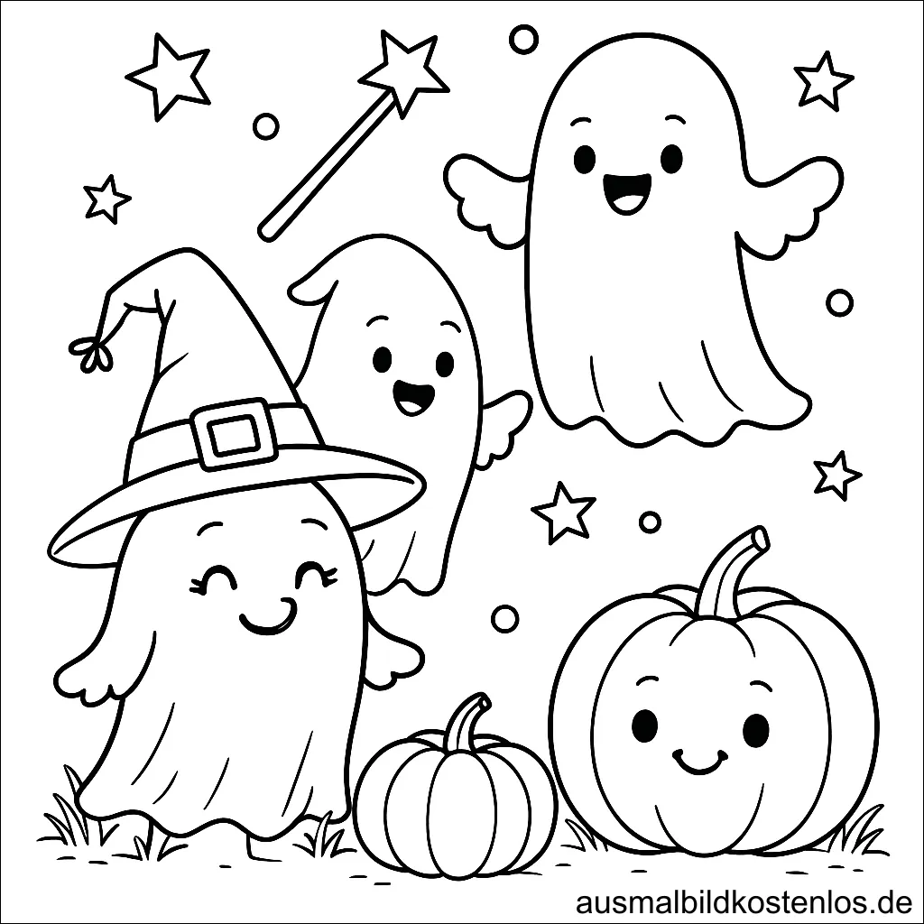 Geister mit Hexenhut und Kürbis – Malvorlage für Halloween