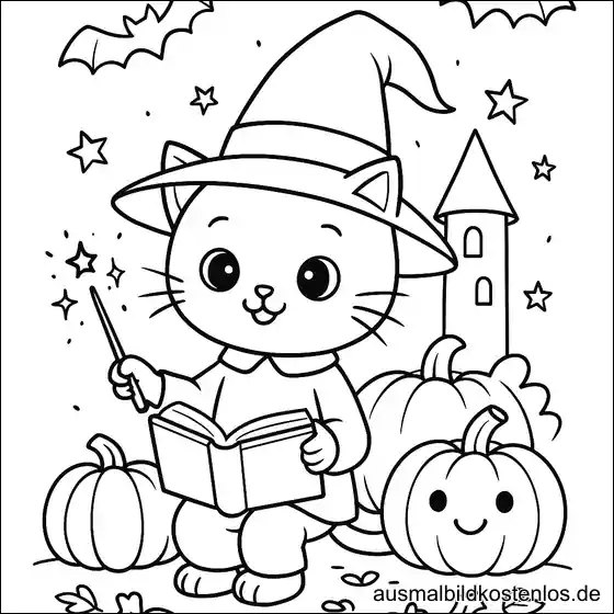 Halloween Malvorlage: Süße Katze mit Zauberhut