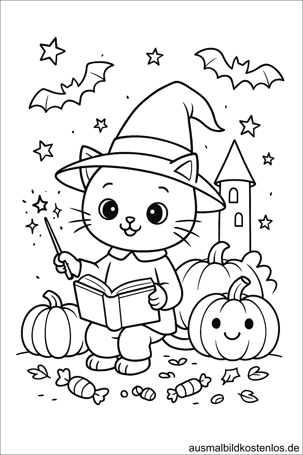 Halloween Malvorlage: Süße Katze mit Zauberhut