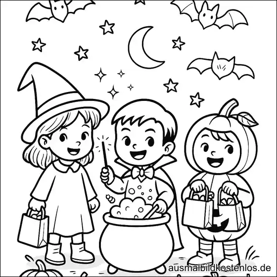 Halloween Ausmalbild: Kinder feiern gemeinsam