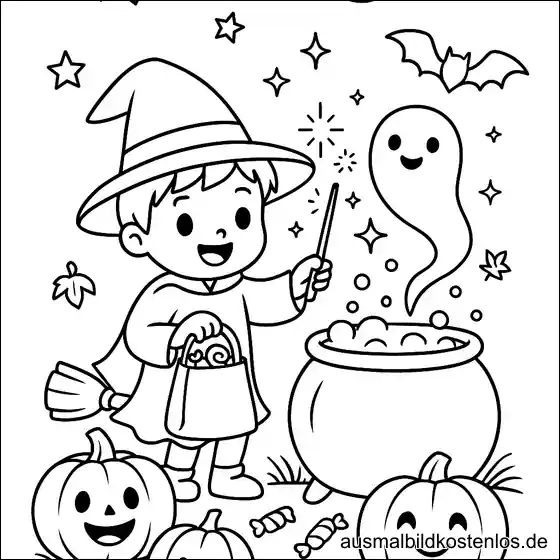 Halloween Ausmalbild: Zauberer-Junge mit Kürbissen