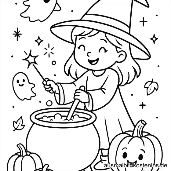 Halloween Malvorlage: Hexe rührt Zaubertrank im Kessel