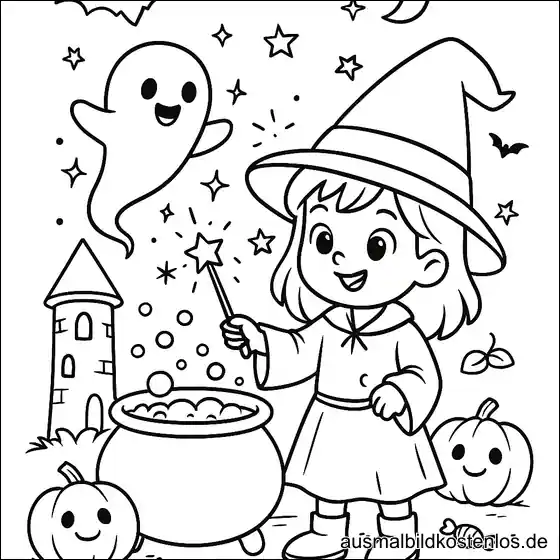 Halloween Ausmalbild: Kleine Hexe mit Geistern