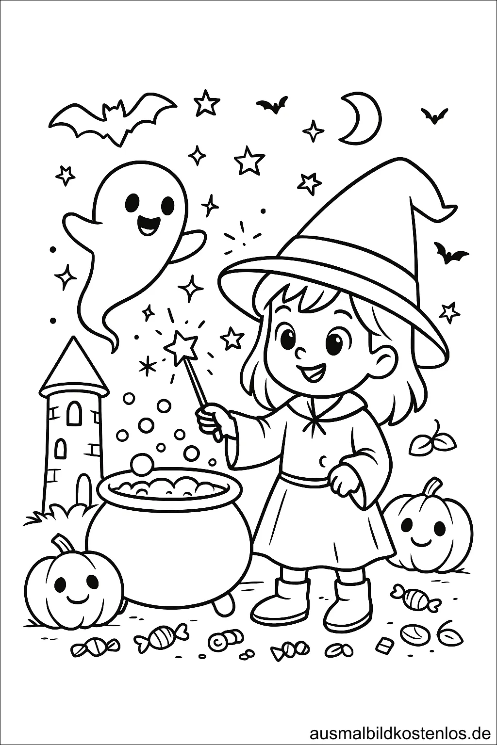 Halloween Ausmalbild: Kleine Hexe mit Geistern