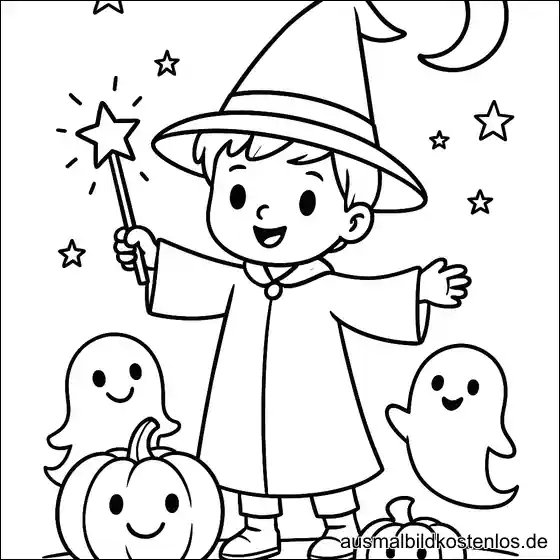 Junger Zauberer Halloween Ausmalbild