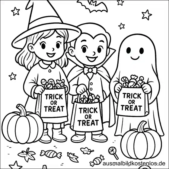 Kinder mit Trick-or-Treat Halloween Ausmalbild