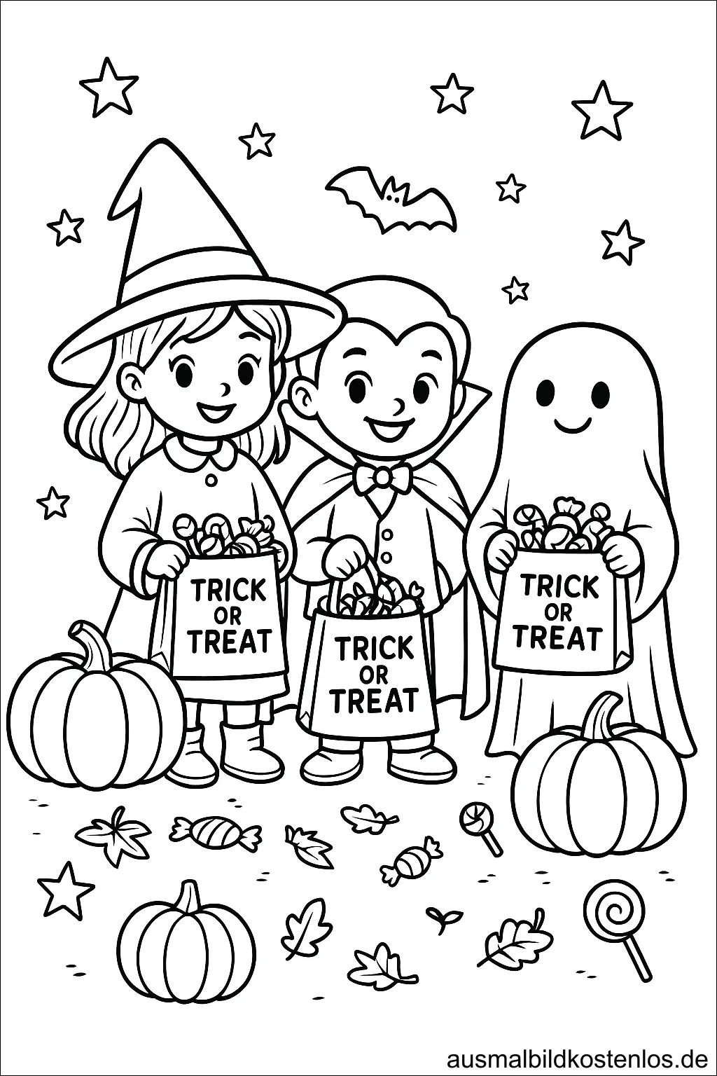 Kinder mit Trick-or-Treat Halloween Ausmalbild