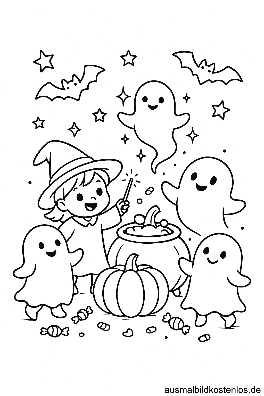 Kleine Hexe und viele Geister – Malvorlage für Halloween
