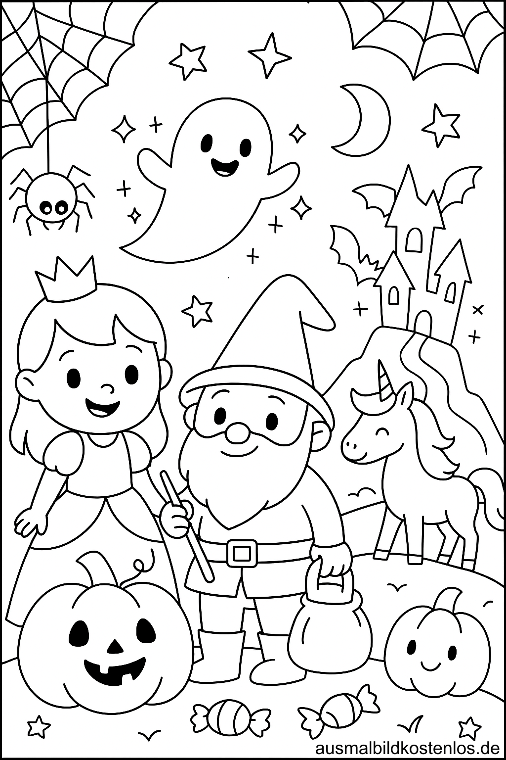 Prinzessin mit Zwerg – Malvorlage für Halloween
