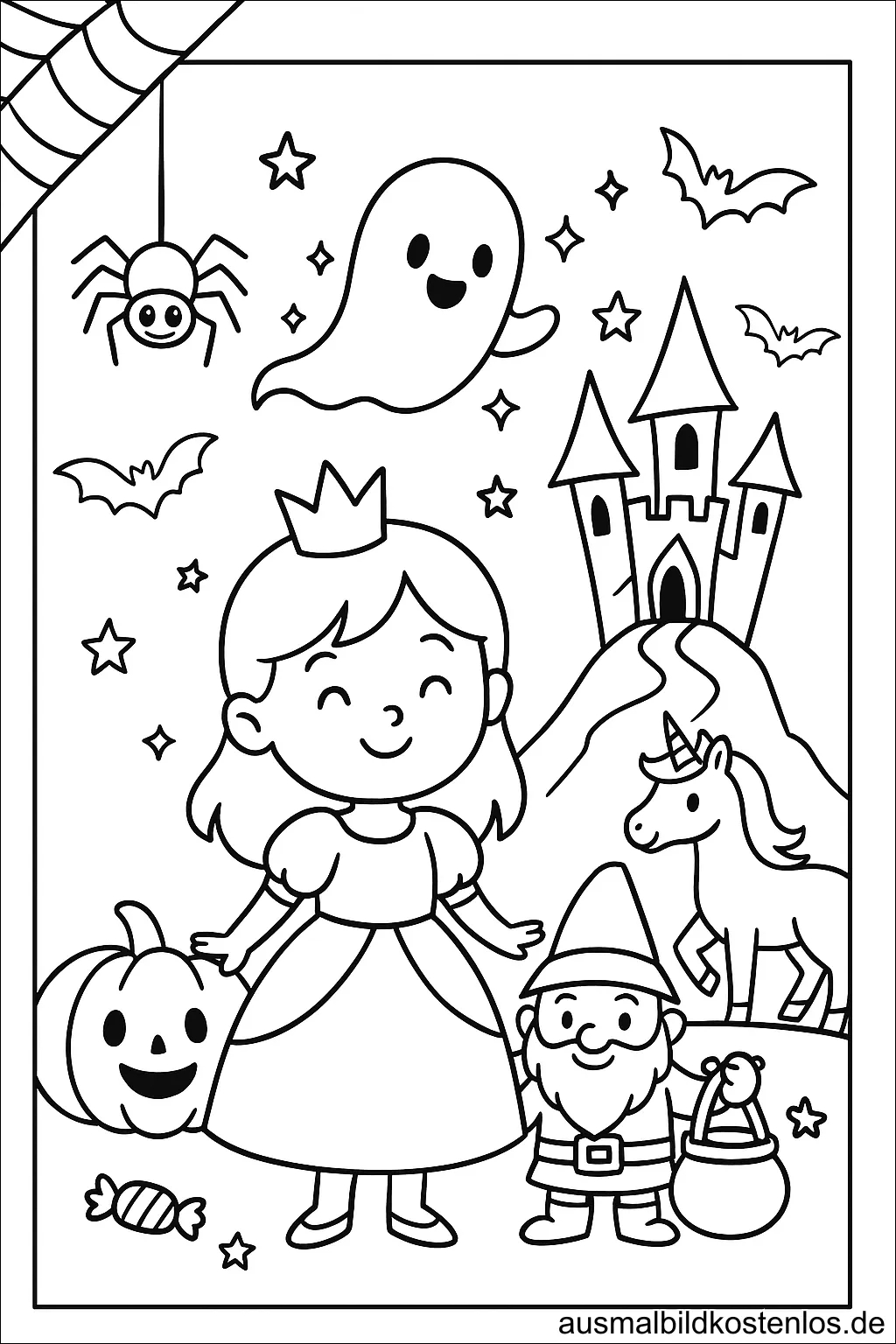 Prinzessin und Zwerg – Halloween Ausmalbild mit Geist