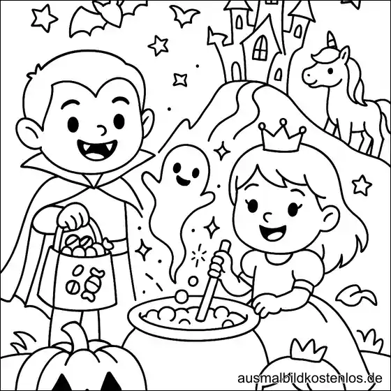 Prinzessin, Vampir und Einhorn – Malvorlage für Halloween
