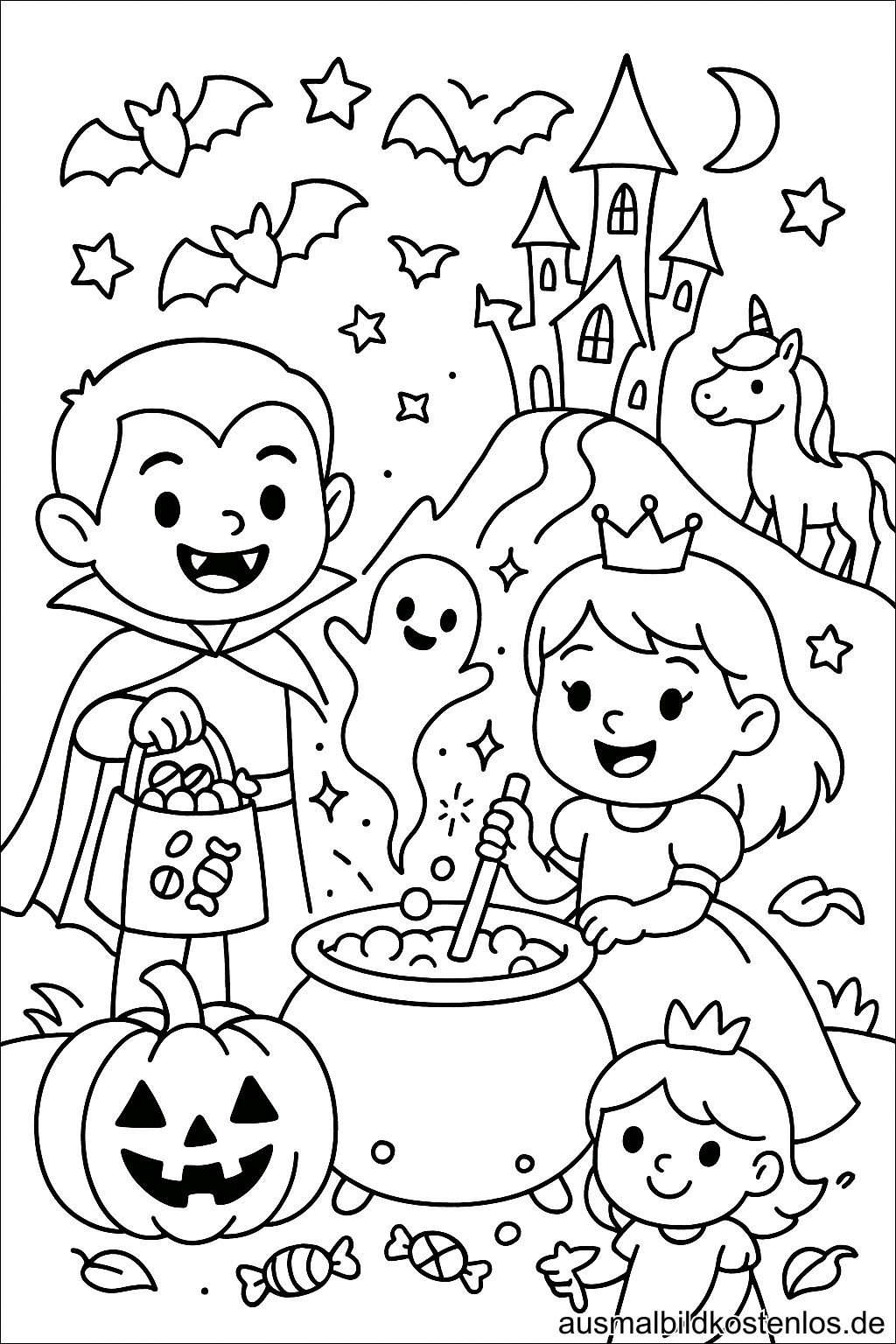 Prinzessin, Vampir und Einhorn – Malvorlage für Halloween
