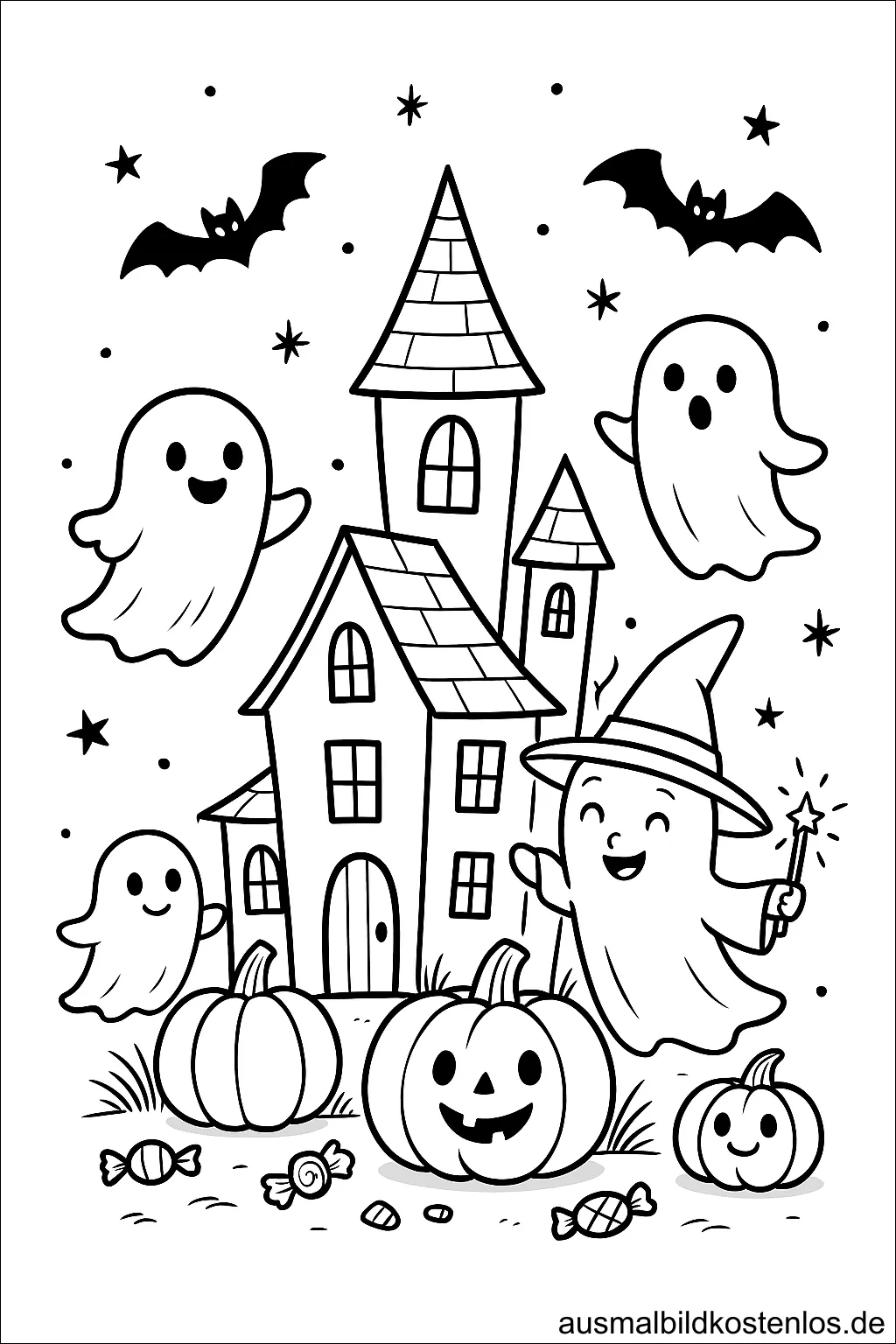 Spukhaus mit Geistern Halloween Ausmalbild