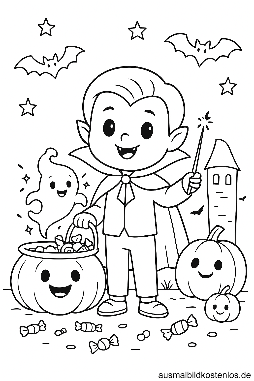 Süßer Vampir mit Zauberstab – Ausmalbild für Halloween