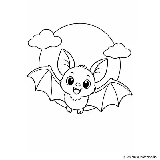 Kleine Fledermaus mit ausgebreiteten Flügeln vor Vollmond und zwei Wolken als Schwarz-Weiß-Malvorlage