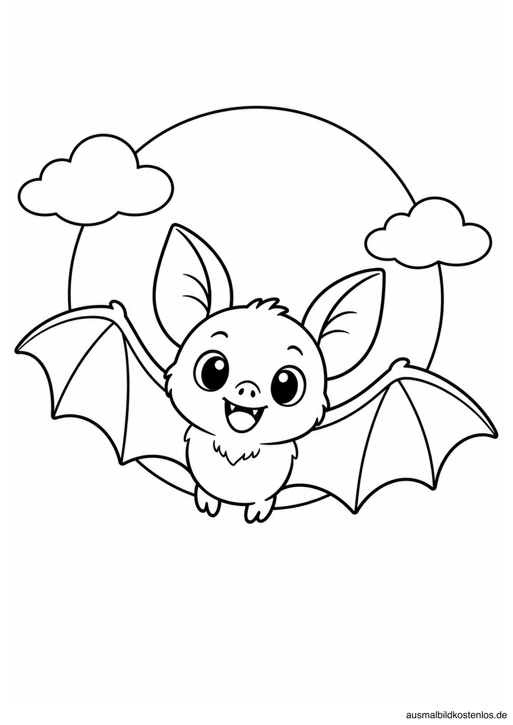 Kleine Fledermaus mit ausgebreiteten Flügeln vor Vollmond und zwei Wolken als Schwarz-Weiß-Malvorlage