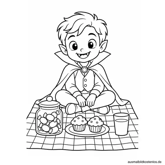 Vampirkind auf karierter Decke mit Bonbonglas, zwei Muffins und Becher als Schwarz-Weiß-Malvorlage